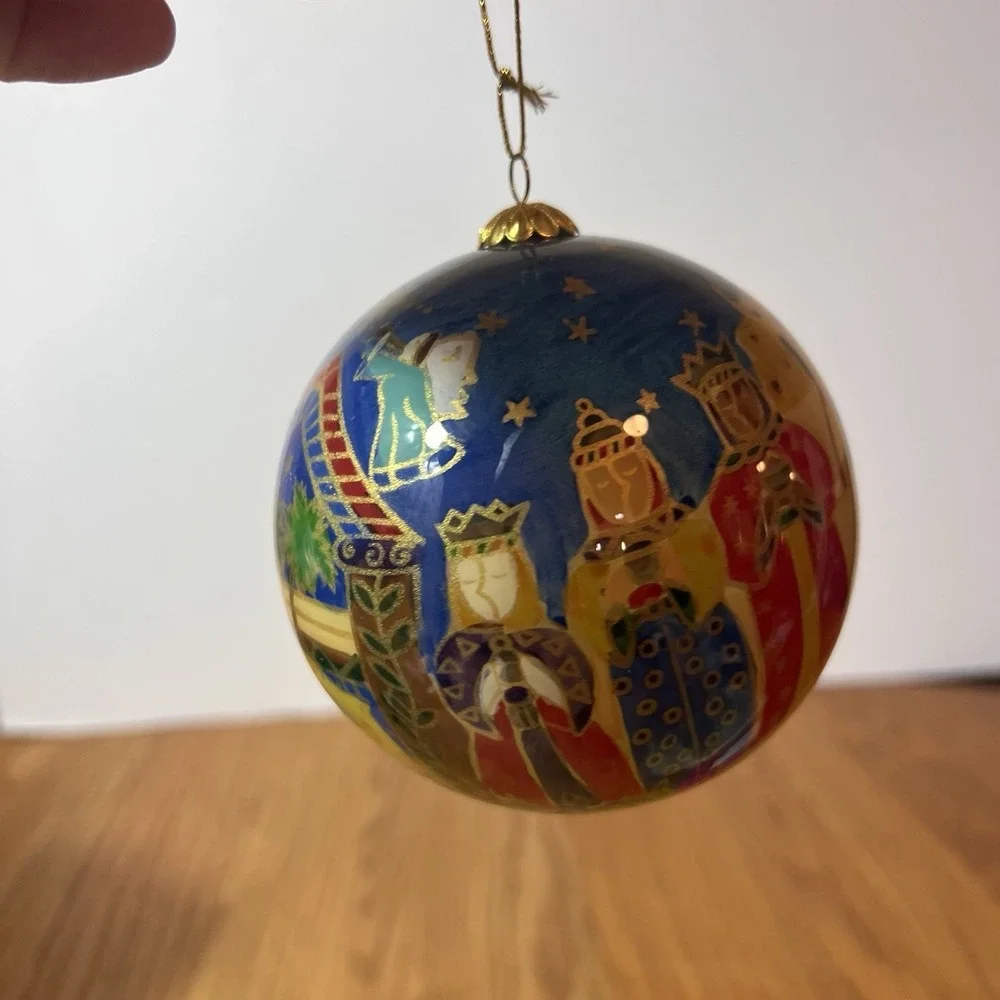 2010 Pier 1 Li Bien Nativity Reverse Painted Glass Christmas Ornament w Box